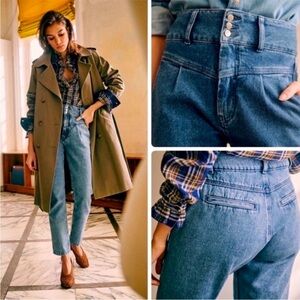 Sezane Sam Sama Denim Trouser Jeans Medium Blue Cotton pleated Front SZ 4 | 36